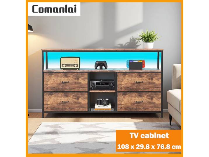 Comanlai Armoire à tiroirs avec éclairage LED, Armoire de salon vintage, Armoire polyvalente avec tiroirs en tissu, pour TV