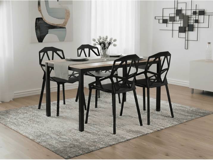 Essgruppe 1 + 4, Tisch TESSA 120x60 cm schwarz/Dekor Eiche + schwarzer Kunststoffstuhl ESSEN
