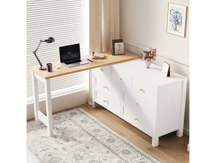 Bureau d'angle - MODERNLUXE - 120x40x70cm - 7 tiroirs - Plateau rotatif 360° - Blanc + Naturel