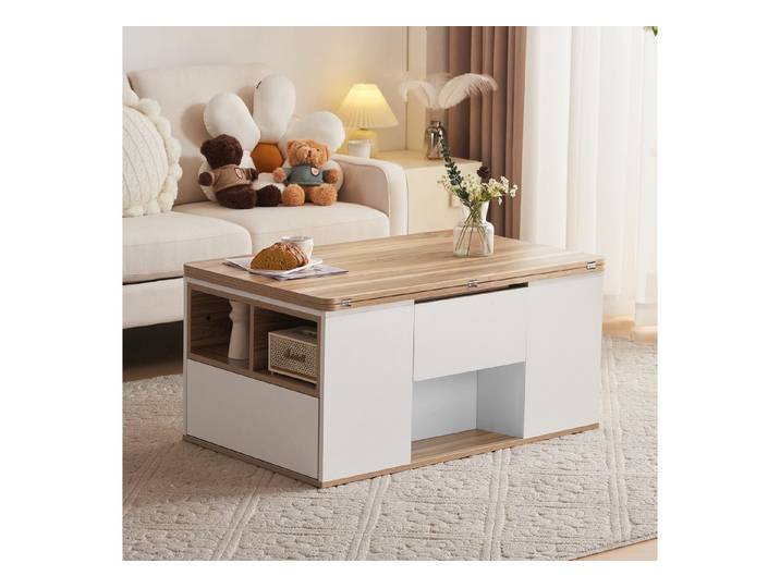 Fine Life Pro Couchtisch Couchtisch, Weiß/Holz, hebbar, wird zu 2 Tischen, große Kapazität, für Wohnzimmer, Büro & Freizeit