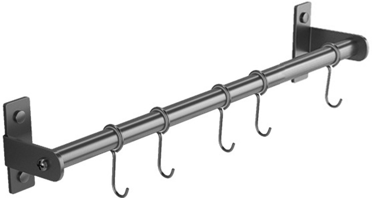 Keukenorganizer met 5 haken en ophangrail in geweergrijs RVS - Breedte: 40 cm