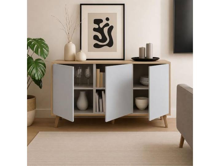 Dmora - Arvada-Sideboard, Küchenbuffet, Wohnzimmer-Design-Garderobe, modernes Sideboard mit 3 Türen und Regalen, 154 x 40 x 75 cm, Eiche und Weiß