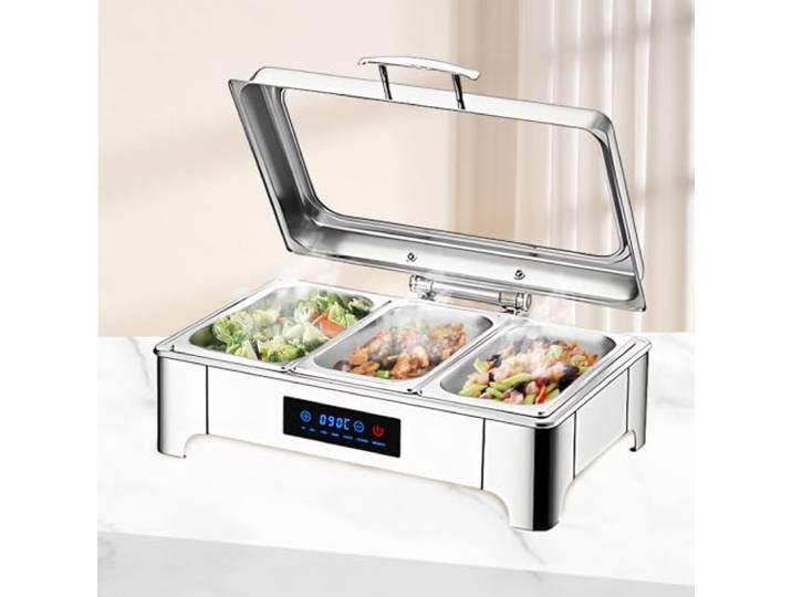 BOVDC Elektrische Chafing Dish Glasdeckel, 9L Edelstahl(B,1/3 Pan) Speisewärmer Buffetwärmer Einstellbare Temperatur, Warmhaltebehälter Essen Elektrisch mit Soft-Close-Glasdeckel