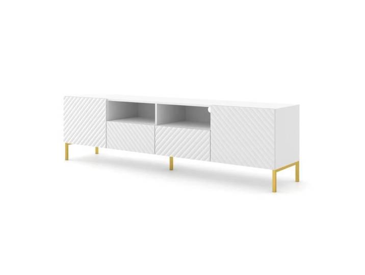 Meuble TV SURF 200 cm 2D2S façades fraisées blanc mat sur pieds dorés