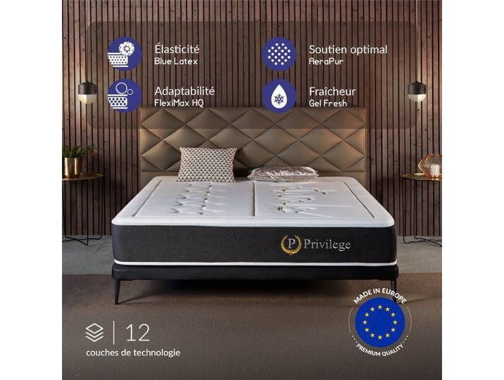 Matelas Privilège 140x190 cm - Épais 26 cm - Mousse HR - Blue Latex - Mémoire de forme Réversible - 7 zones - Équilibré -
