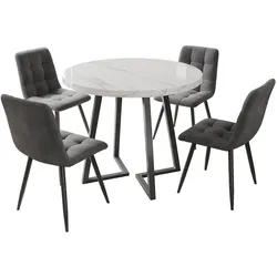 STILVORA Essgruppe 5-teilig rund Multicolor 75x80x80 cm mit Tisch MDF Marmoroptik und 4 Samtstühlen Dunkelgrau, schwarze Metallbeine, verstellbare Füße