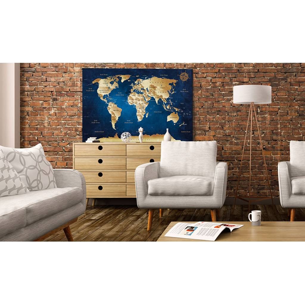 home24 Afbeelding World Map Dark Blue Depths linnen blauw B: 90 cm, H: 60 cm