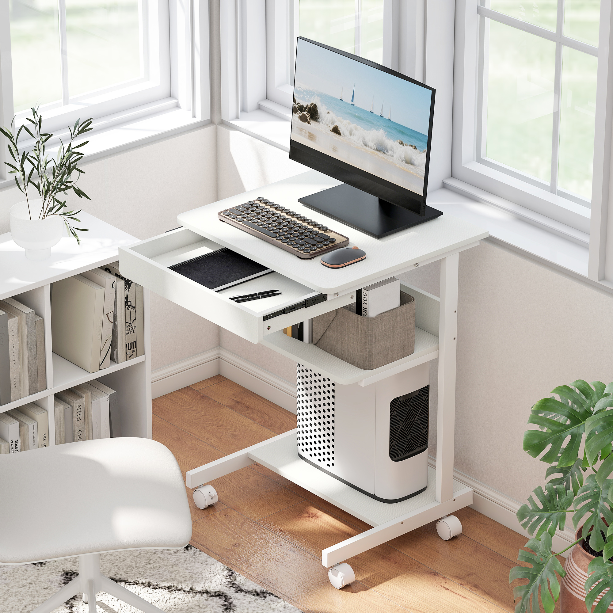 Homcom Scrivania per computer con ruote, scrivania con vani 56 x 51 cm con cassetto, compartimento e supporto CPU, bianco   Aosom Italy