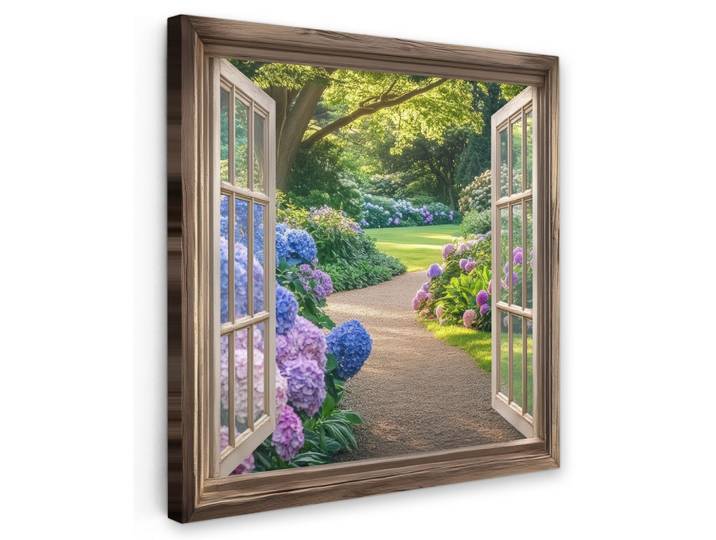 LEINWANDBILD Aussicht - Garten - Fenster - Hortensie - Blumen Wandbild Wohnzimmer 50x50 cm