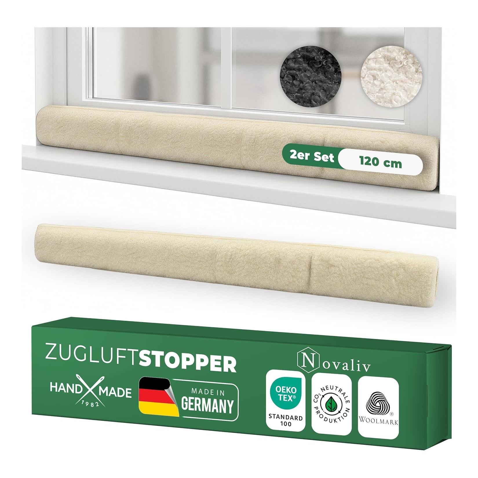 Zugluftstopper für Fenster 120cm Natur Schurwolle - stoppt Zugluft & Kälte, dämpft Lärm/Staub/Licht, rutscharm, ohne Bohren; für Fensterbank/Rahmen, Spalt abdichten, Innenbereich, 2er-Set