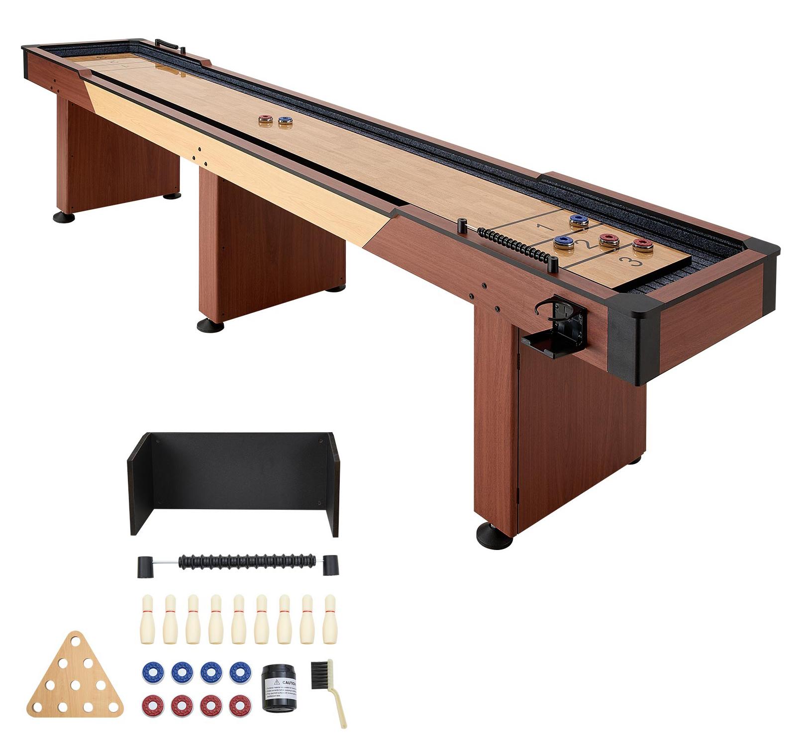 SucceBuy Shuffleboard-Tisch 3,7 m 2-in-1 mit Bowling-Set und 8 Pucks, Indoor-Spiel mit Holzoptik, langlebiger Spielfläche, inklusive Wachs und Bürste, ideal für das Familienspielzimmer
