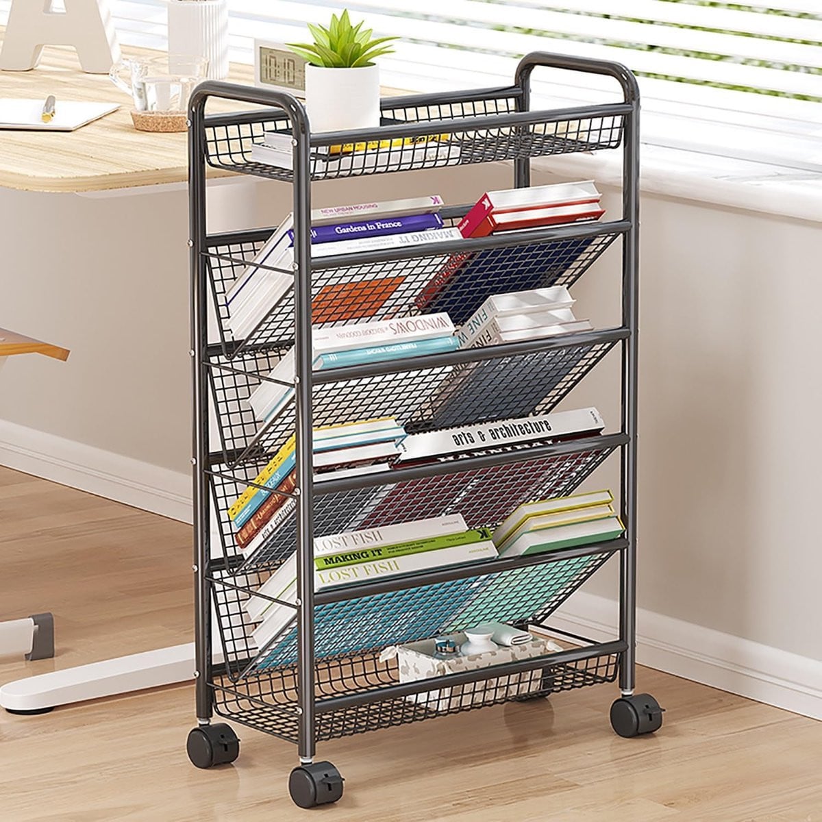 Boekenplank Trolley Zwart met 5 Lagen - Verrijdbare Mobiele Opslag voor je Woonkamer of Thuiswerkplek
