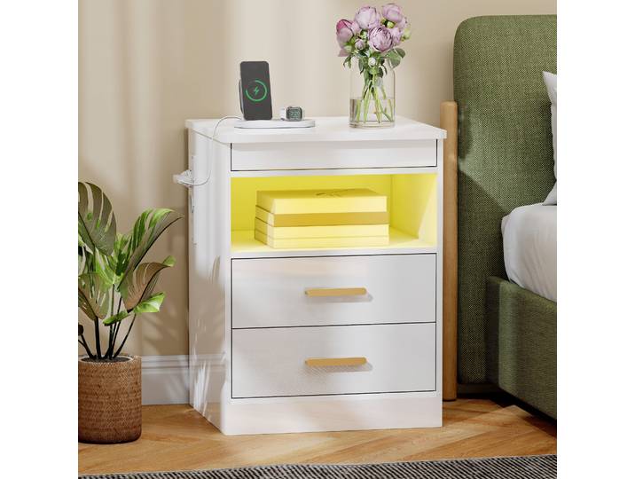HOMCOM Table de Chevet Moderne LED RGB Station Charge Laqué Blanc