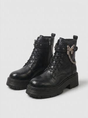 LightInthebox Women's Black Gothic Platform Boots - Butterfly Chain Lace-Up Combat Shoes for Halloween Parties, Witch Cosplay Night Out