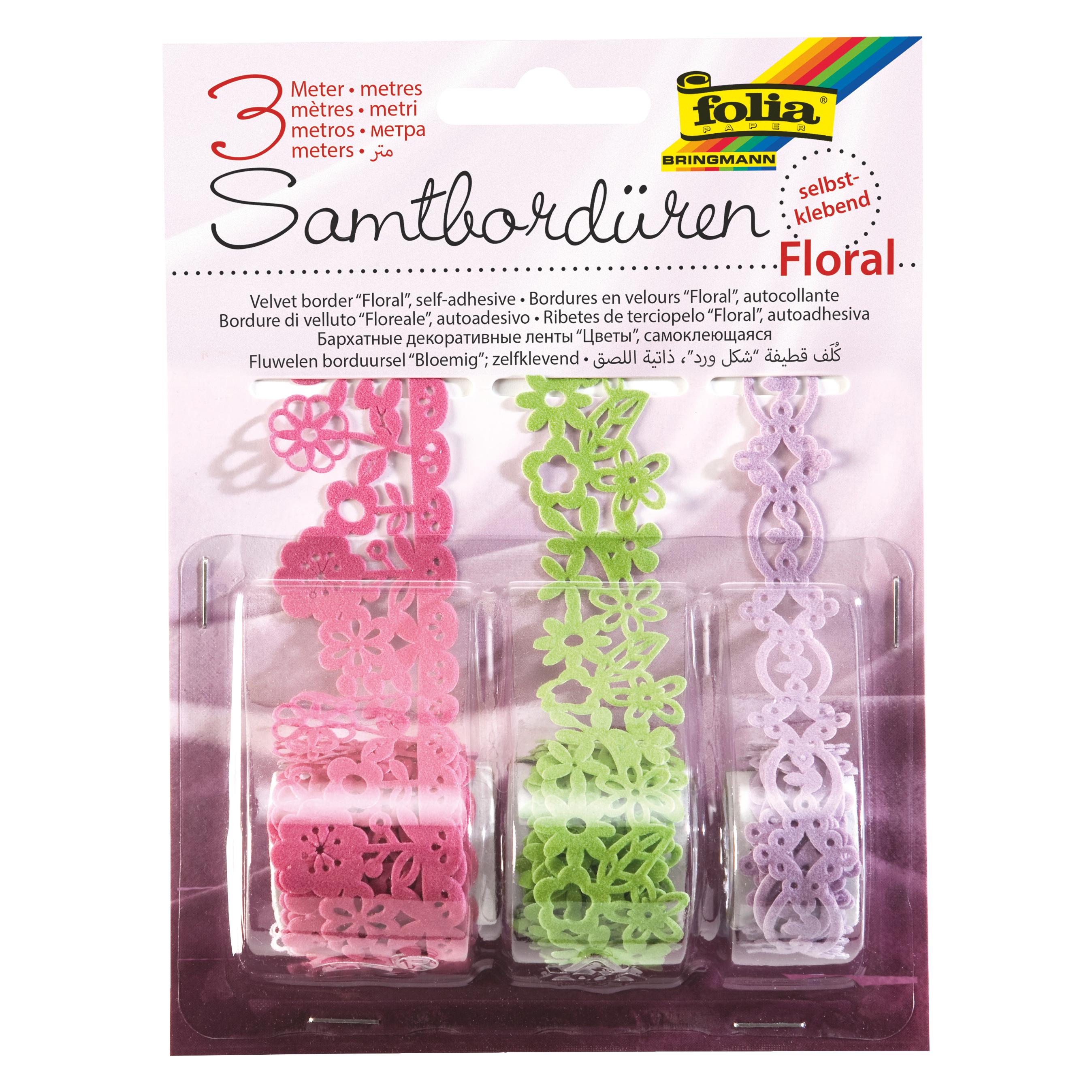 Folia Samtbordren "Floral", selbstklebend, farbig sortiert (1 m) (12703)