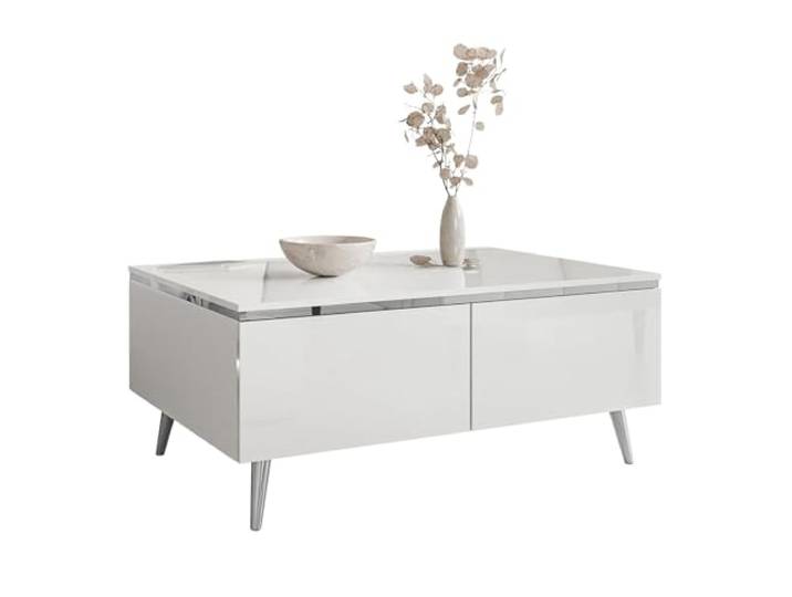 Lookway Couchtisch Aurora Silver mit Stauraum, silberner Dekorleiste und passenden Füßen – Modernes Wohnzimmermöbel (schräge Silber Chrom Beine)