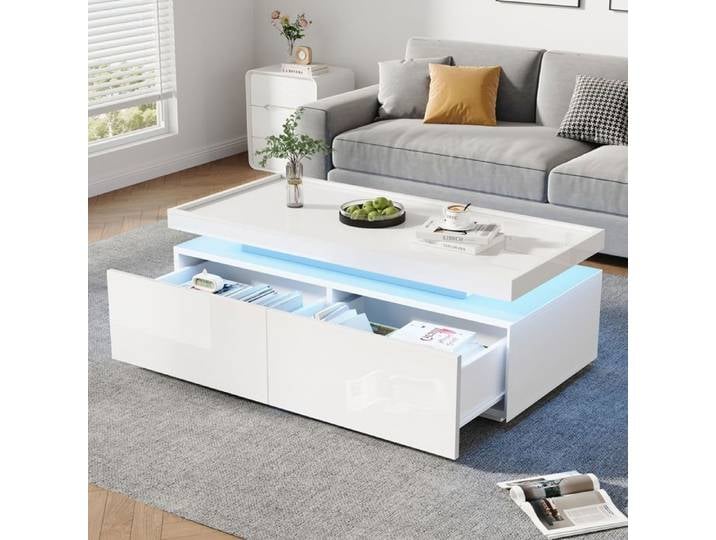 Table basse - WESTYLE - design géométrique - LED réglable - 2 tiroirs - 95x45x35 cm