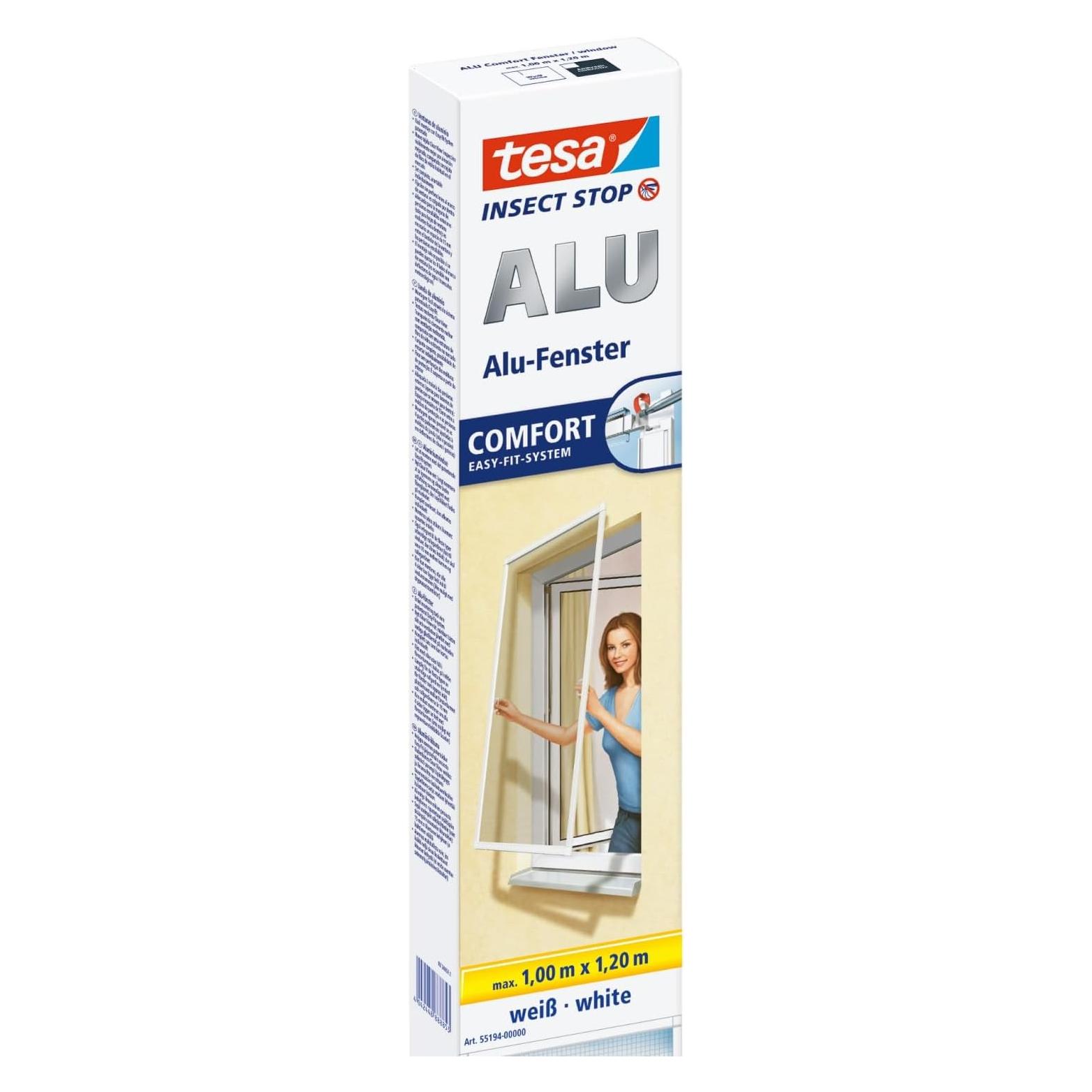 tesa Insektenschutz Alu COMFORT für Fenster, mit Rahmen aus Aluminium, ohne Bohren (100 x 120 cm) (55194-00002-00)