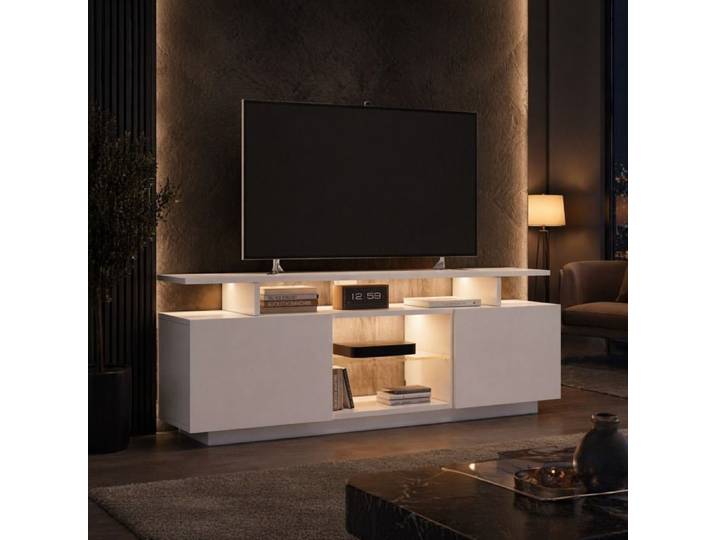 VEVXYN meuble TV rangement LED 140 cm blanc 2 portes brillantes 5 niches ouvertes pour téléviseur jusqu à 60 pouces