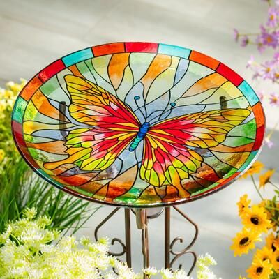Evergreen 18 in. Butterfly Stained Glass Birdbath