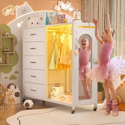 Rackcog Kid's Closet Organizer with Fabric Drawers and Mirror, Rolling Dresser and Chest with Charge Station