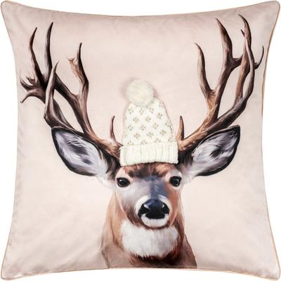 Dekokissen PAD "REINDEER", beige (gold, gemustert), B:50cm L:50cm, Polyester, Dekokissen_Sitzkissen_Kissenhüllen, Samtkissen mit Strickmütze und verspieltem Rentier-Design