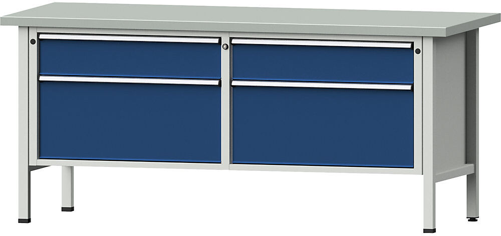 Werkbänke 2000 mm breit, Gestellbauweise, 4 Schubladen, Stahlblechbelagplatte, Höhe 890 mm ANKE