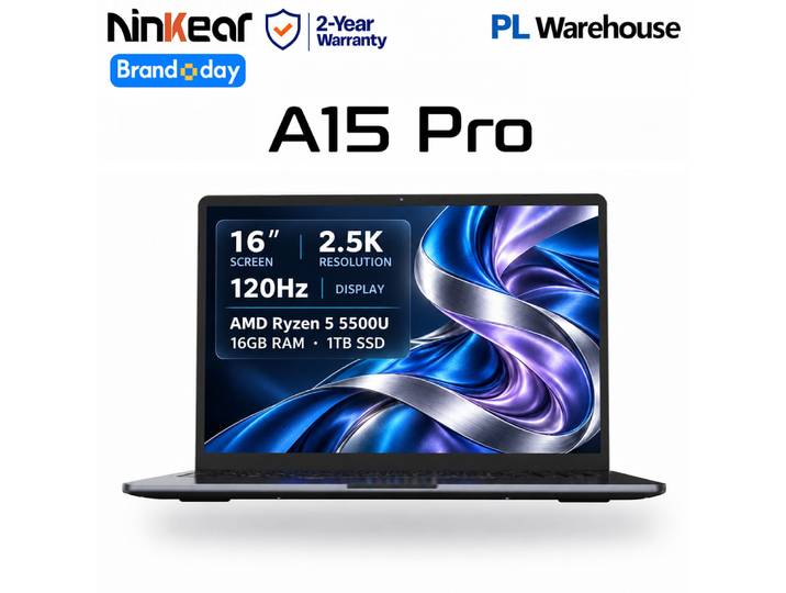 Ninkear A15 Pro Ordinateur Portable 16Go RAM 1To SSD 16 Pouces Écran IPS 2.5K 120Hz AMD Ryzen 5 5500U Windows 11 clavier rétroéclairé WiFi 6 empreinte digitale pour bureau études multitâche