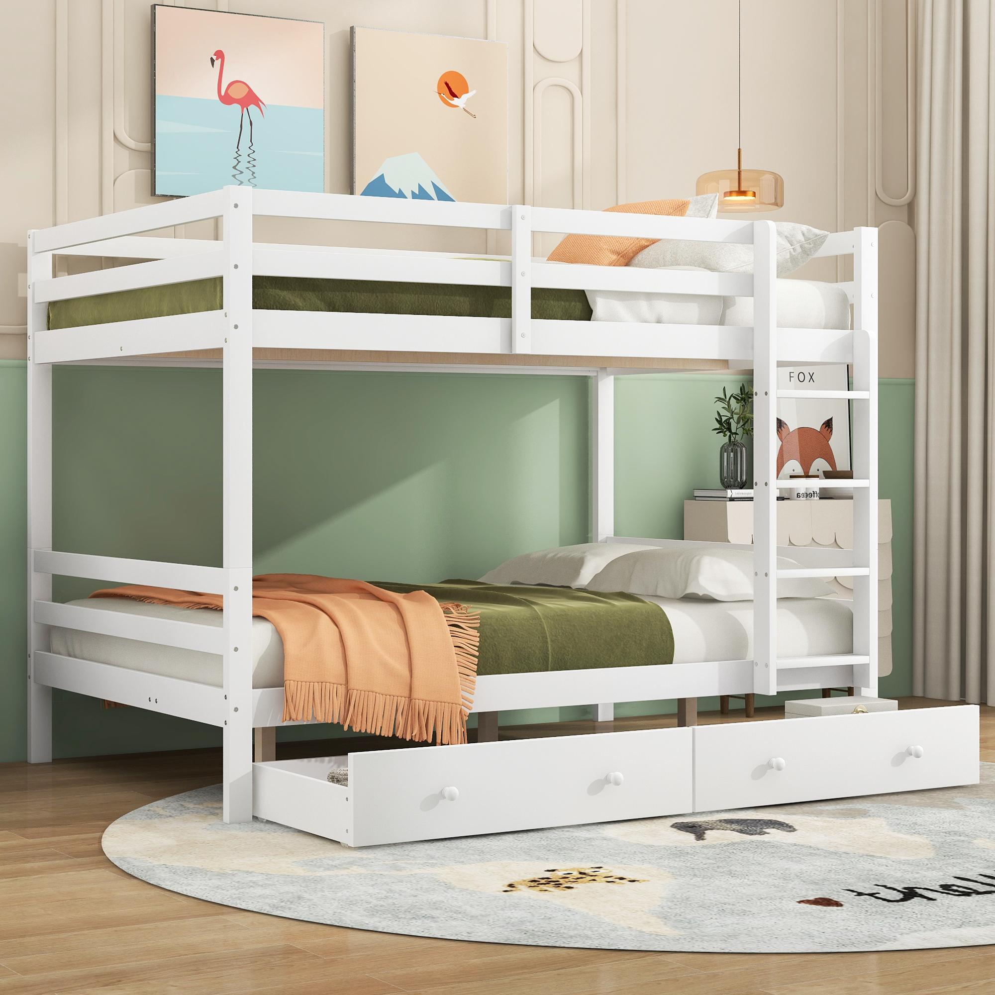 Kinder-Etagenbett 140 x 200 cm mit Schubladen, Stauraum, hohen Schutzgittern, weiß