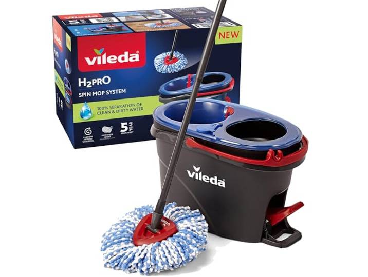 Vileda H2PrO Spin Mop-systeem Twee gescheiden waterreservoirs Moeiteloos uitwringen Microvezelreiniging Handenvrij gebruik Ergonomisch ontwerp