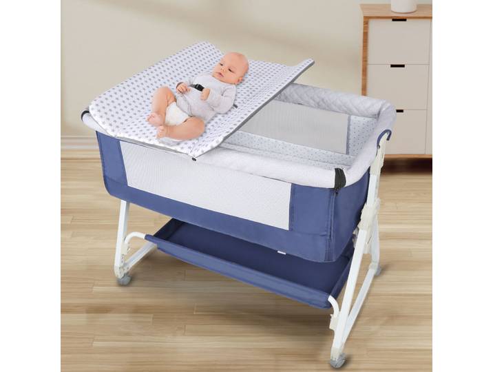 Lit Bébé Cododo Berceau Bébé avec Table à Langer, Réglage de la Hauteur, Inclinable, Compatible avec Différents Lits, pour Nourrisson/Nouveau-né, Noir/Gris/Bleu/Beige