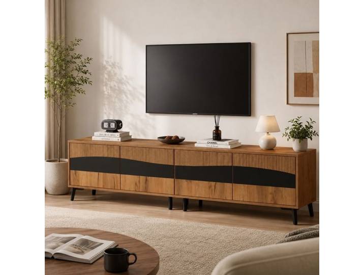 COZHYESS Meuble TV en bois 180cm - 4 portes 4 compartiments - style contemporain - naturel & noir