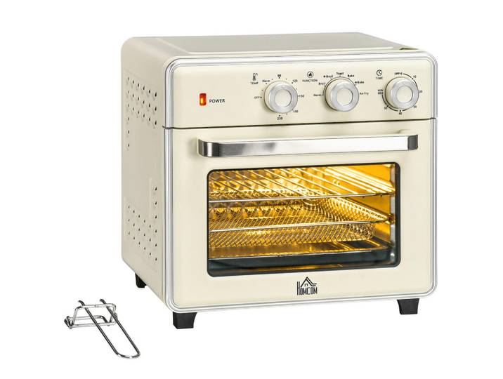 Homcom 20-Liter-Minibackofen mit Umluftfunktion, Backblech, Grillrost und Krümelschublade, Heißluftfritteuse mit 5 Modi und Frittierkorb, Creme, Metall, 37.7x34.5x36 cm, backofengeeignet, Kochgeschirr, Töpfe, Diverse Spezialtöpfe