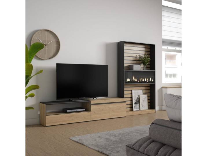 Ensemble tv effet bois de chêne noir 310x35x186cm cheminée effet feu