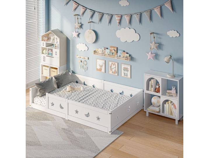 140x200 cm Lit au sol enfant Lit inspiration Montessori enfant Lit bébé clôturé Lit Junior Pin massif Blanc