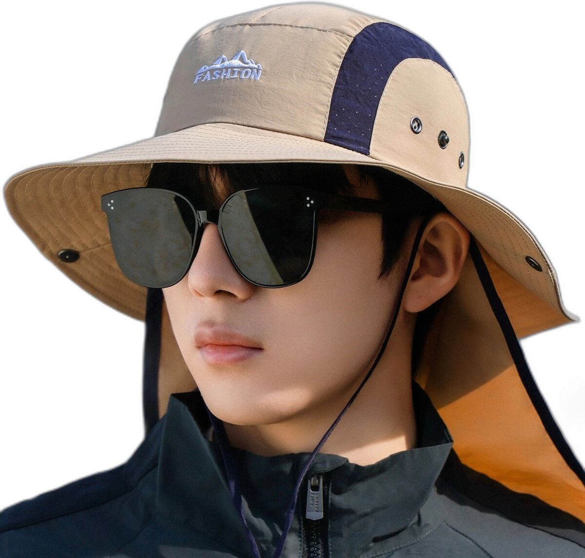 INF Outdoor-Kletter-Sonnenhut mit breiter Krempe – UV-Schutz, Polyester-Baumwolle, atmungsaktiv und leicht Khaki+Blau