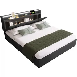 Polsterbett 140x200 cm mit Stauraum Kopfteil USB-Anschluss LED-Beleuchtung Leinenbezug modernes Design Grau hohe Funktionalität komfortabel