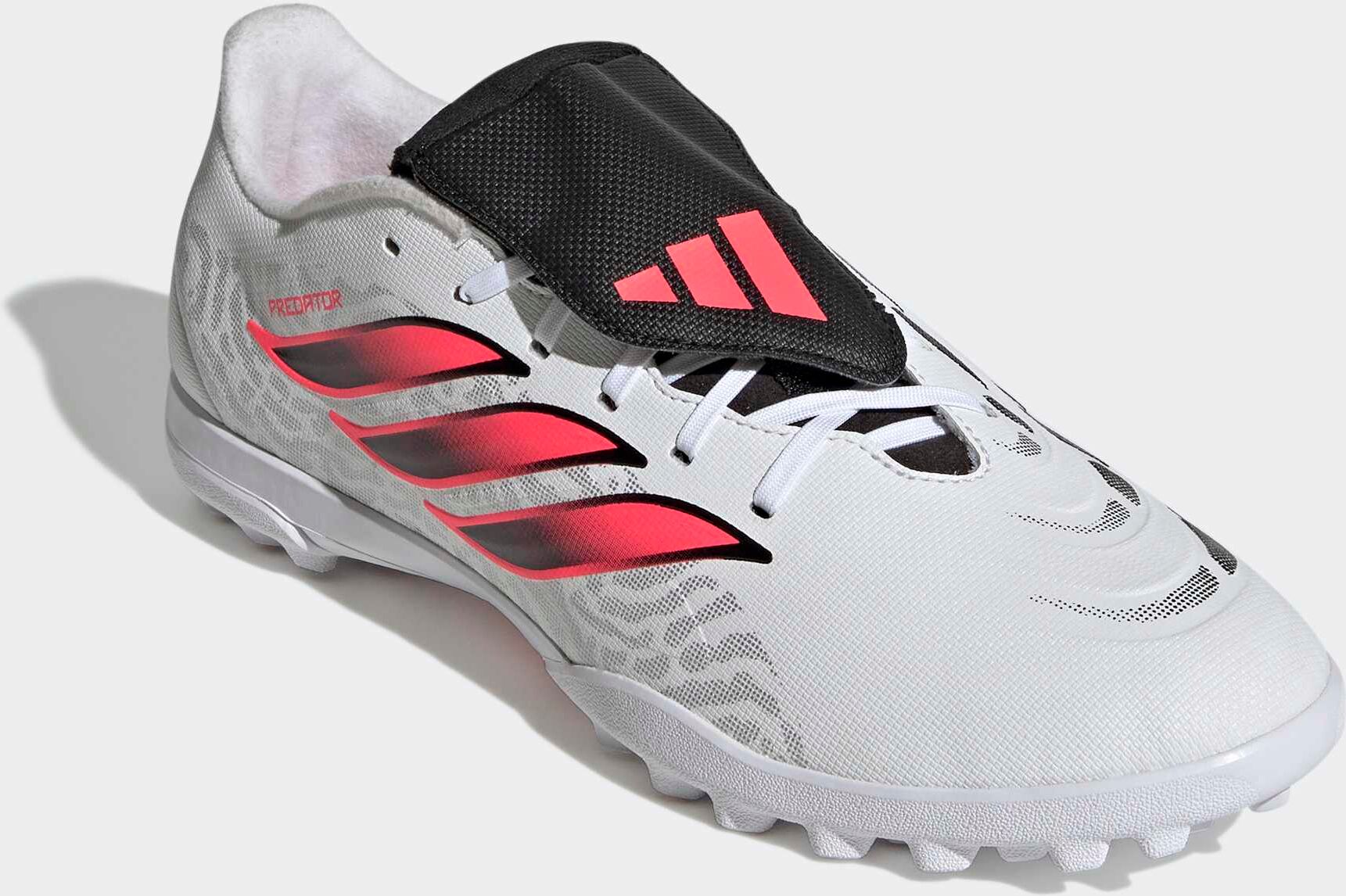 Fussballschuh ADIDAS PERFORMANCE "PREDATOR CLUB, HYBRIDRASEN, UMSCHLAGBARE ZUNGE", Gr. 43, cloud weiß, solar turbo, core schwarz, Synthetik, Schuhe Fussballschuh, für synthetische Hartplätze cloud weiß, solar turbo, core schwarz 43