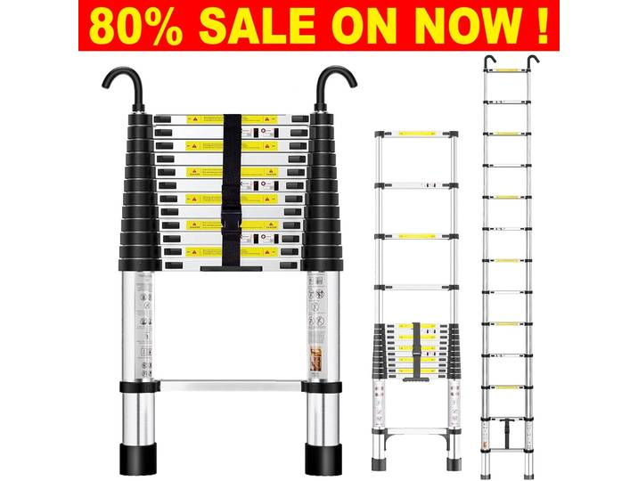 Échelle télescopique pliable de 4,4 m, échelle extensible avec 2 crochets détachables, capacité de charge élevée, échelle robuste pliable pour l'extérieur