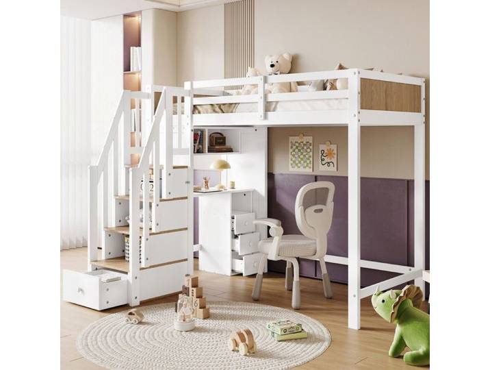 Lit mezzanine enfant - PAGE LIVING - Lit mezzanine enfant avec bureau intégré - 90x200 cm - Bois massif & MDF - Avec tiroirs