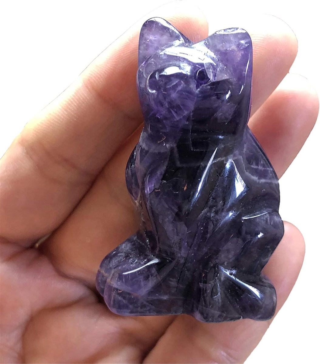 Amethist Kat Beeldje - Handgesneden Paarse Edelsteen Figuur voor Decoratie - Lengte: 5 cm