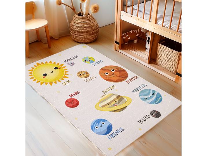 Kinderteppich AYYILDIZ TEPPICHE PLAY 2019 , beige, B:100cm H:8mm L:150cm, Polyamid, Teppiche, Kinderteppich, rutschhemmend, Motiv Weltall, Monde, Sonnensystem, Kurzflor