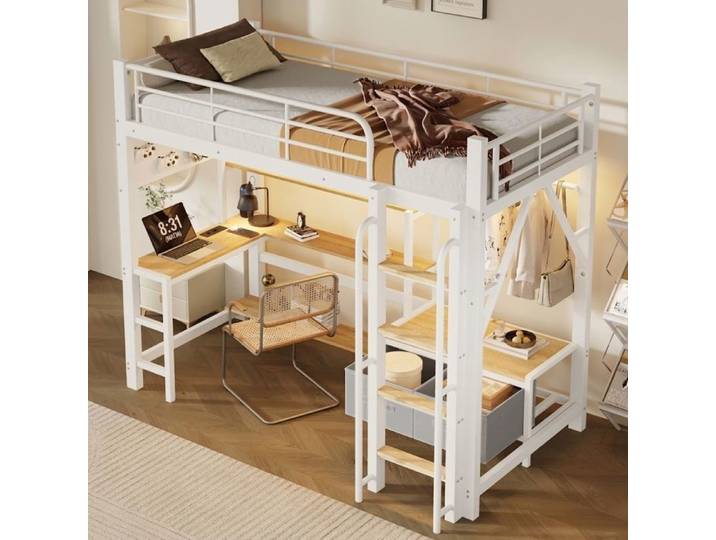 Lit Mezzanine 140x200 Métal Blanc avec Bureau LED USB Étagères Panneau Perforé Lit Surélevé Ado Rentrée Scolaire Norevia