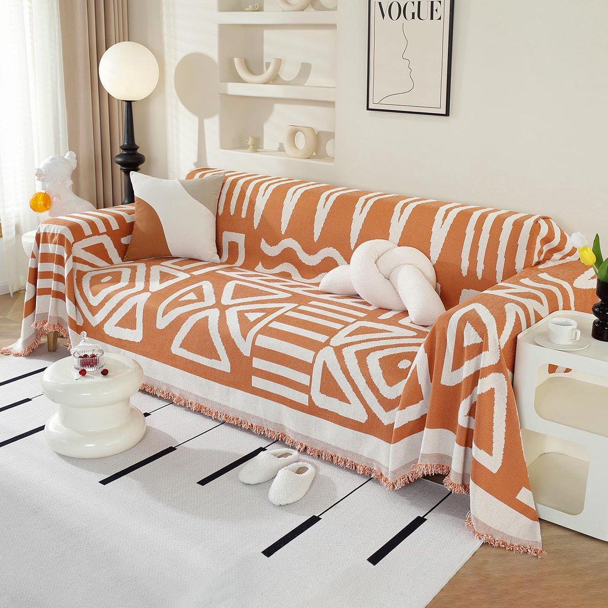Unyqoos Stijlvolle Chenille Bankhoes met Decoratieve Kwastjes in Boho Oranje