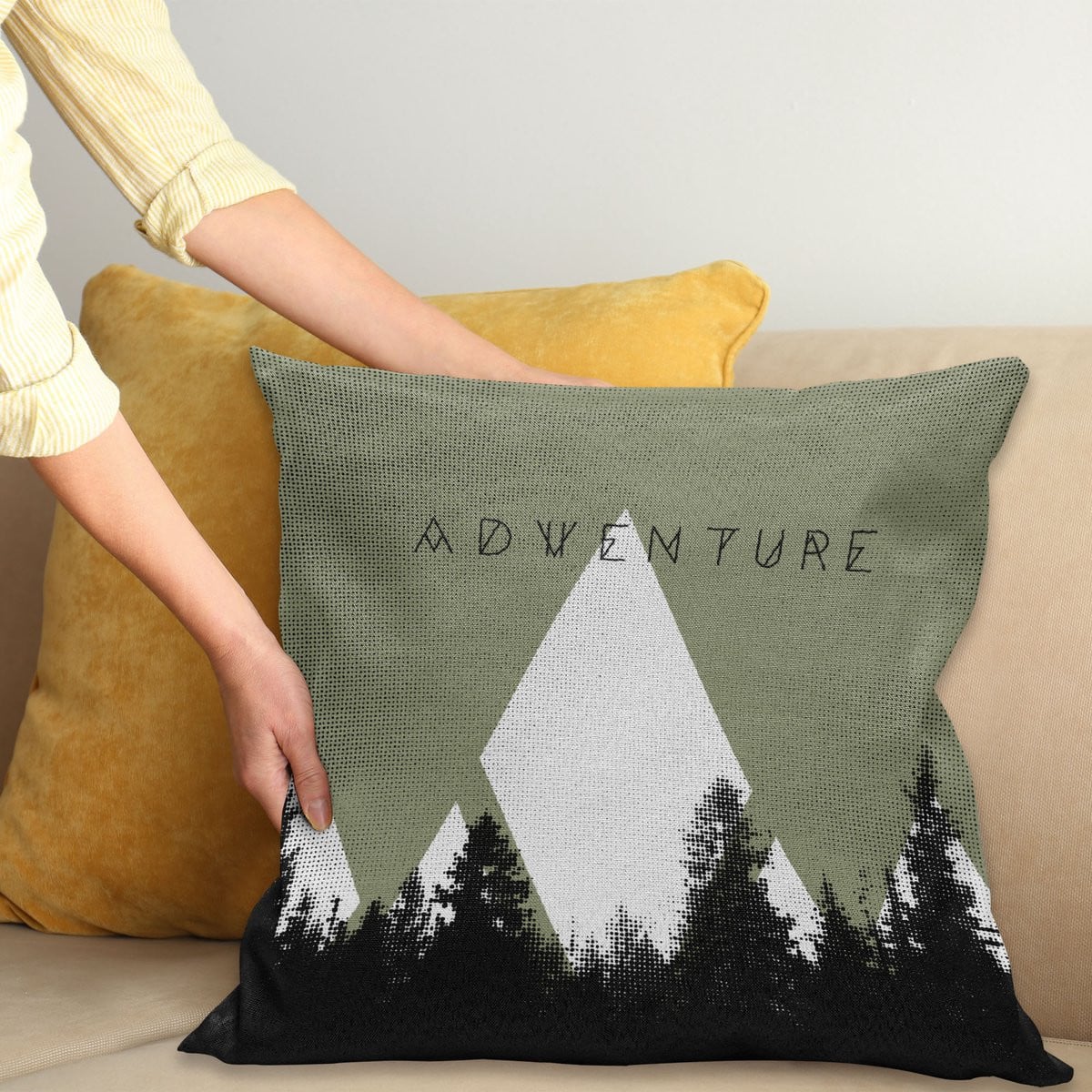 ABAKUHAUS Avontuur Kussenhoes Bos Halbton Stijl, Dubbelzijdig Patroon, Zwart Groen Wit, 45 x 45 cm