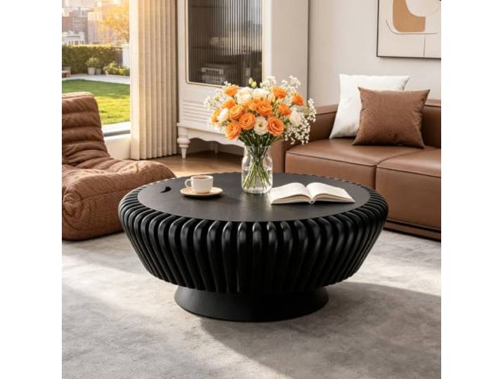 RYDZCLH Runder Couchtisch Mit Stauraum,90Cm, Runder Couchtisch Mit Rillenstruktur,Wohnzimmertisch Im Mid-Century-Modern-Stil Für Wohnzimmer & Apartments (Black 90cm)