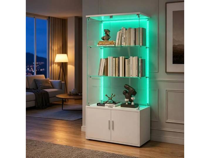 Vitrine LED RGB avec rangement 2-en-1 EZSSW vitrine en verre verrouillable étagères réglables blanc bandeau lumineux