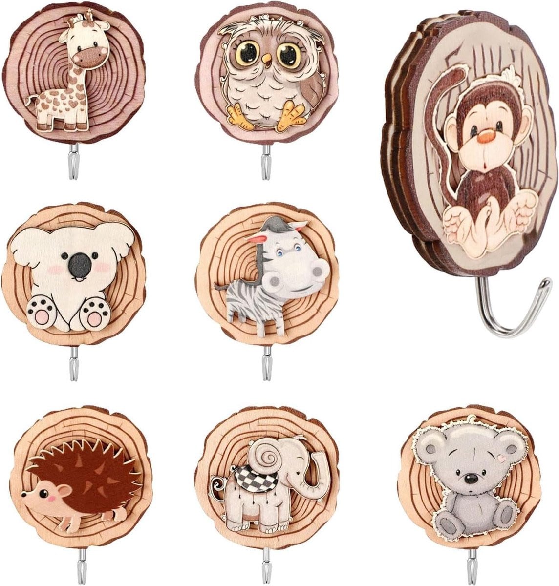 Set van 8 zelfklevende houten wandhaken in dierenvorm voor badkamer en keuken