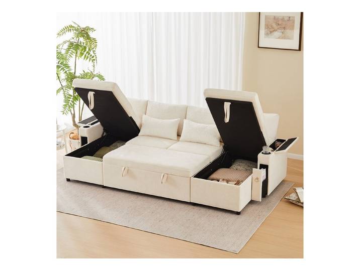 STILVORA Schlafsofa mit schlaffunktion Wohnlandschaft U-Form Schlafsofa mit Kissen Beige, Set 1 Teile, Viersitzer-Schlafsofa in U-Form mit Getränkehalter