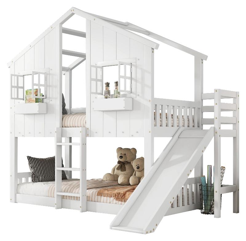 Etagenbett 90x200 weiß aus Kiefer, MDF und Sperrholz mit Rutsche, Dach, Fenstern und Fallschutzgitter für Kinderzimmer